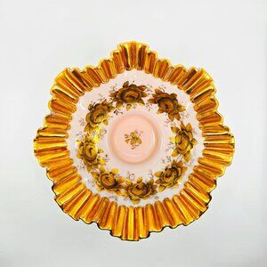 Victorian era Gold & White Hand-Painted Glass Bowl With Floral Design & Scallope